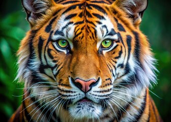 Fototapeta premium Close-up portrait of a majestic tiger's face, showcasing vibrant orange and black stripes, piercing green eyes, and a powerful, expressive muzzle with a subtle growl.