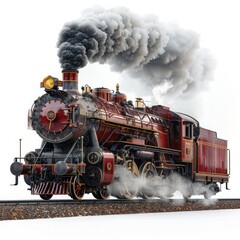 Vintage Red Locomotive Train on Isolated Railroad Track - Historic Transportation and Travel Perspective