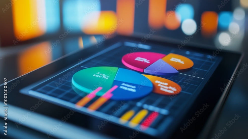 Poster A financial pie chart highlighting different revenue streams for a startup, with vivid colors and icons for each segment, displayed on a sleek digital tablet