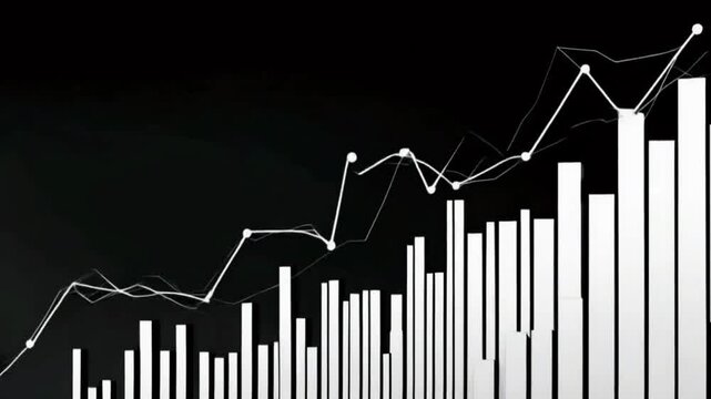 A dynamic chart candlestick patterns live price stock, forex, or crypto markets. averages, relative strength index, volume bars technical analysis, data numbers indicators, 4k Stock Market Animation