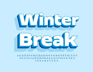 Vector event banner Winter Break. Modern 3D Font. Bright Alphabet Letters and Numbers set.