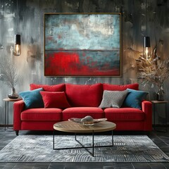 Minimalistic Red, Gray, and Blue Living Room with Abstract Art and Wooden Table
