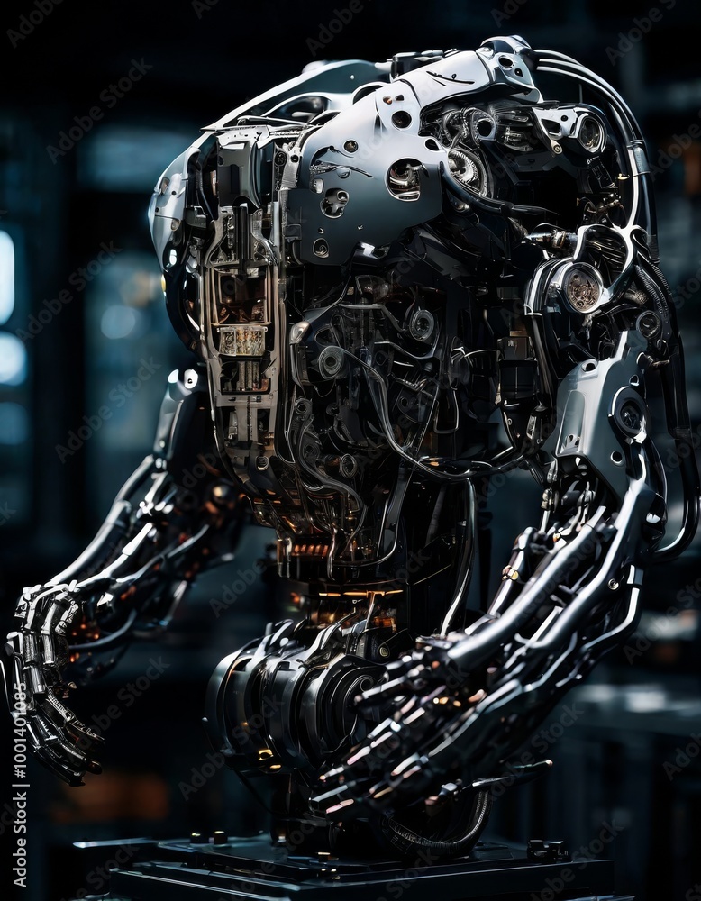 Poster a detailed close-up of a robotic torso showcasing exposed metallic components and intricate design i