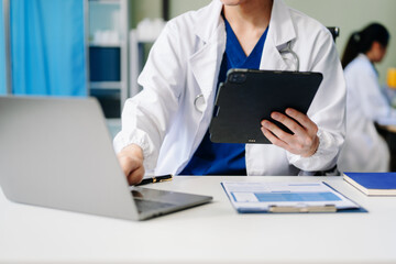 Medicine doctor hand working with modern digital tablet computer interface