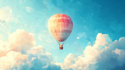 Fototapeta premium Cute teddy bear in air balloon - hot air balloon, balloon, sky, clouds, blue sky, adventure, travel, flight, floating, colorful, serene, peaceful, journey, aerial view, scenic, summer
