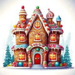 Experience the enchanting charm of a larger-than-life gingerbread mansion adorned with colorful treats, perfect for festive celebrations in a winter wonderland. Generative AI