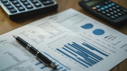 A flat lay of a printed financial report with charts and graphs, a calculator, and a pen