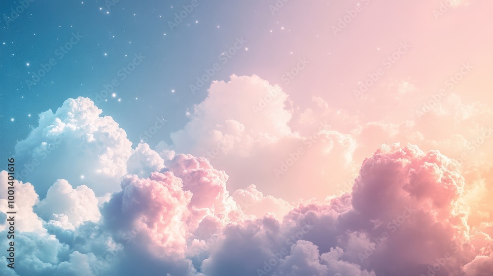 Poster dreamy clouds in pastel shades with soft sparkles add a magical touch to the sky. the tranquil scene