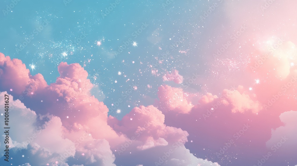 Poster dreamy clouds in pastel shades with soft sparkles add a magical touch to the sky. the tranquil scene