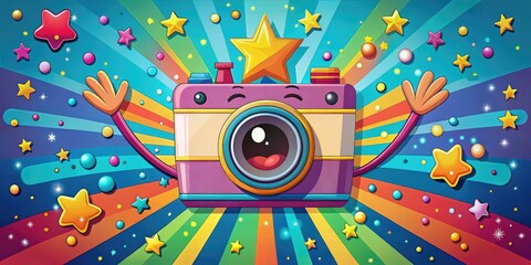 Obraz premium Colorful cartoon camera with a smiling face and outstretched arms, surrounded by vibrant stars, film strips, and confetti, exuding excitement and creativity.