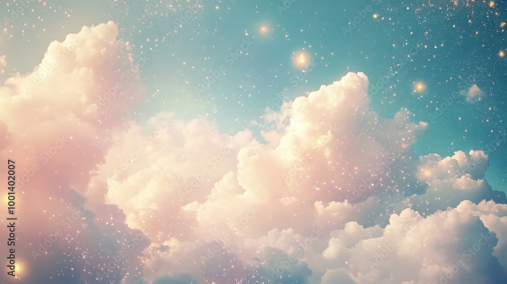 Poster dreamy pastel clouds with delicate sparkles drifting through a tranquil sky. the soft, shimmering ef