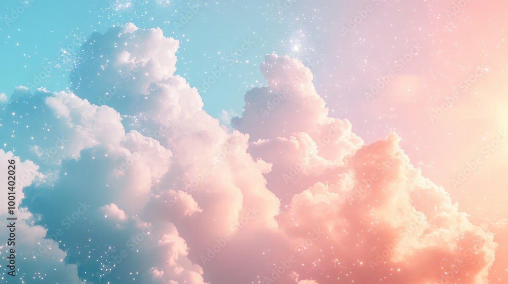 Poster dreamy pastel clouds with delicate sparkles drifting through a tranquil sky. the soft, shimmering ef
