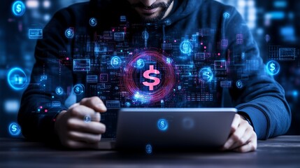 A person using a tablet with digital dollar symbols, representing online banking, cryptocurrency, or digital finance.