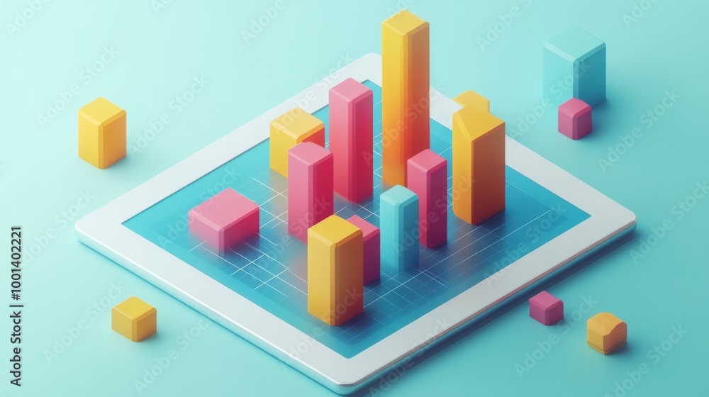 Fototapete A flat lay of a digital tablet showing a 3D bar graph, with bars popping out of the screen, symbolizing interactive data analysis in a modern business setting