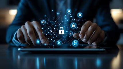 Close-up of hands using a digital tablet with cybersecurity icons, representing data protection and online security in a business environment.