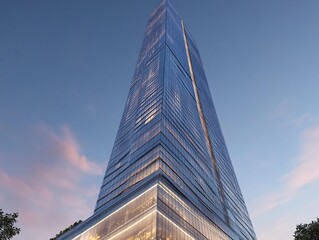 Obraz premium Low angle view of a modern glass skyscraper with a blue sky and pink clouds in the background.