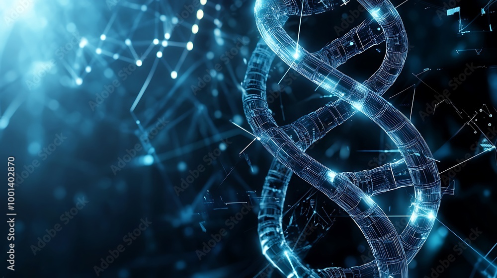 Poster a digital rendering of a dna double helix, illuminated with blue light, against a background of abst