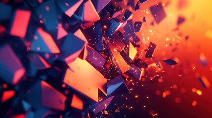 Dynamic 3D abstract background with geometric shapes, highlighting explosive power and a surface being crushed for dramatic impact