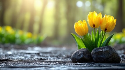 Three vibrant yellow tulips with dew drops, nestled amongst green foliage, sprout from a bed of smooth, gray stones on a forest floor, bathed in the soft glow of the sun.