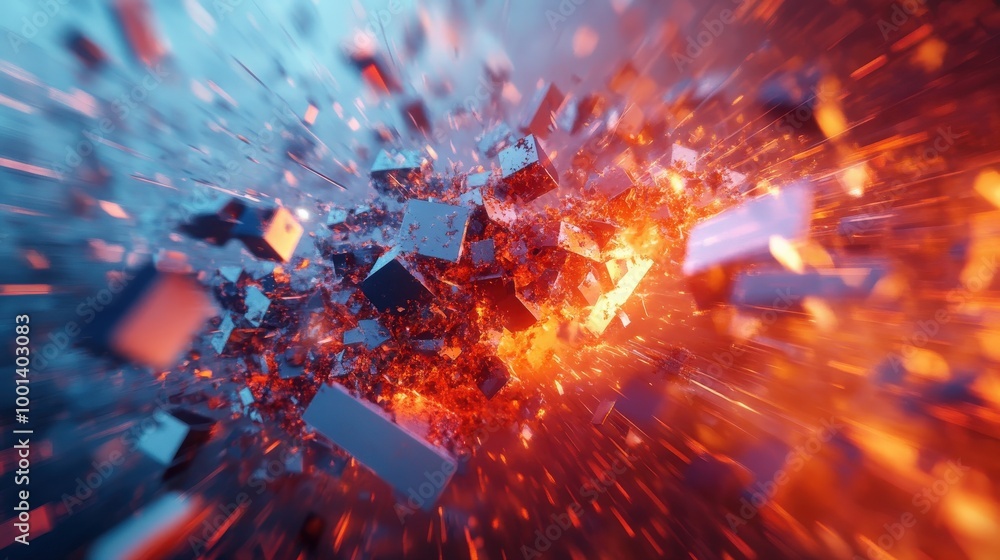 Poster dynamic 3d abstract design featuring geometric shapes and an explosive power theme, with a crushing 
