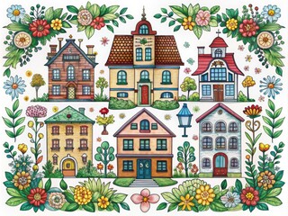 Colorful hand-drawn illustrations of various house styles, surrounded by ornate borders, flowers, and subtle textures, evoking a sense of whimsy and architectural wonder.