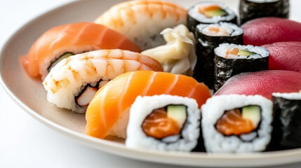 A plate of sushi with a variety of different types of sushi rolls.