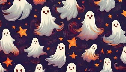 Spooky spirits dance among stars in a whimsical Halloween seamless pattern featuring friendly ghosts on a dark, enchanting backdrop. Generative AI