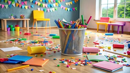 Colorful illustrated school supplies and trash cans surrounded by confetti and scattered papers, emphasizing the importance of cleaning up after a creative classroom activity.