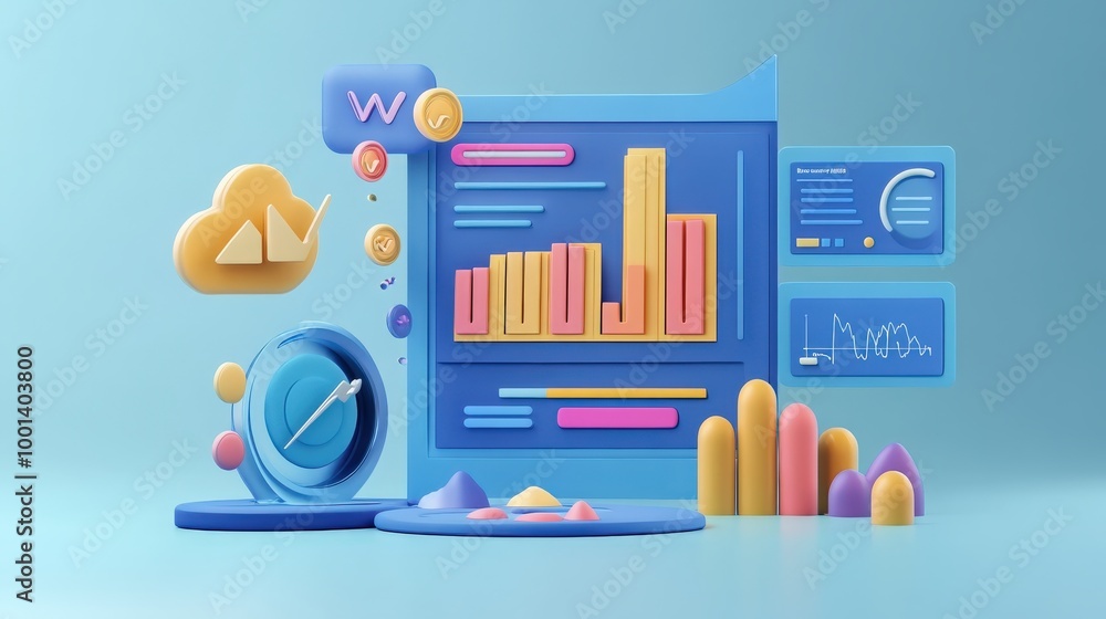 Poster dynamic 3d illustration of seo optimization featuring web analytics dashboards, marketing strategies