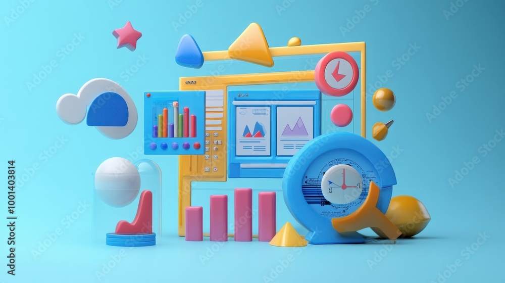 Poster dynamic 3d illustration of seo optimization featuring web analytics dashboards, marketing strategies