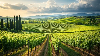 Fototapeta premium Lush green vineyard rows under a blue sky with fluffy white clouds.