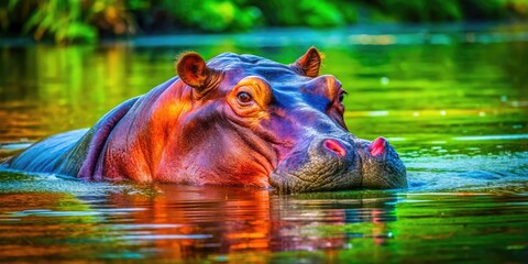 Fototapeta premium Ample Hippopotamus Relaxing in Water with Exposed Fat and Skin, Showcasing Unique Wildlife Features