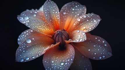 Fototapeta premium A flower with dew drops on its petals against a dark background, with the droplets reflecting light and adding a sense of depth and richness to the image