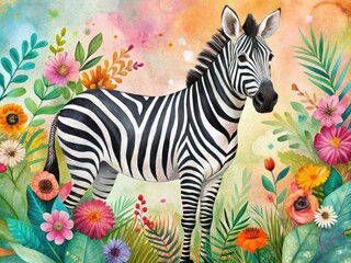 Colorful illustration of a whimsical zebra with bold black and white stripes, adorned with bright flowers and leaves, set against a soft pastel background.