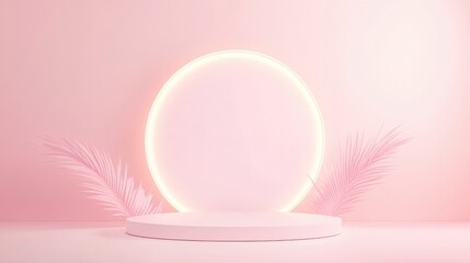 A pink stage with a white circle in the center and pink leaves on the sides