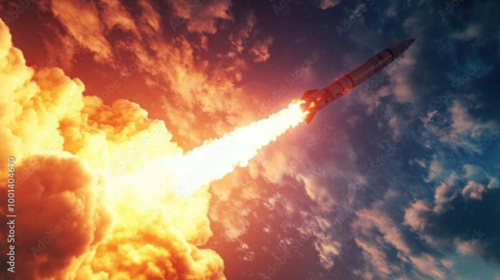 Poster dynamic 3d visualization of a space rocket launch, with powerful thrusters and an explosive blast-of