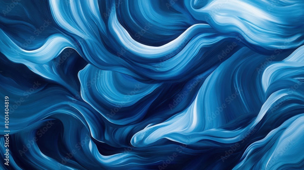 Poster dynamic abstract blue wave art showcasing fluid, undulating lines. the varying shades of blue create