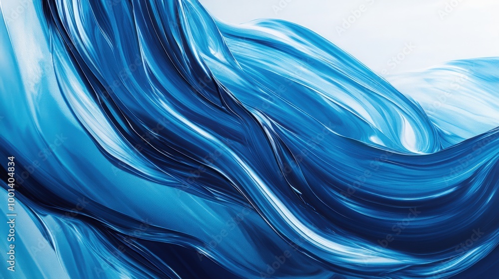 Poster dynamic abstract blue wave art showcasing fluid, undulating lines. the varying shades of blue create