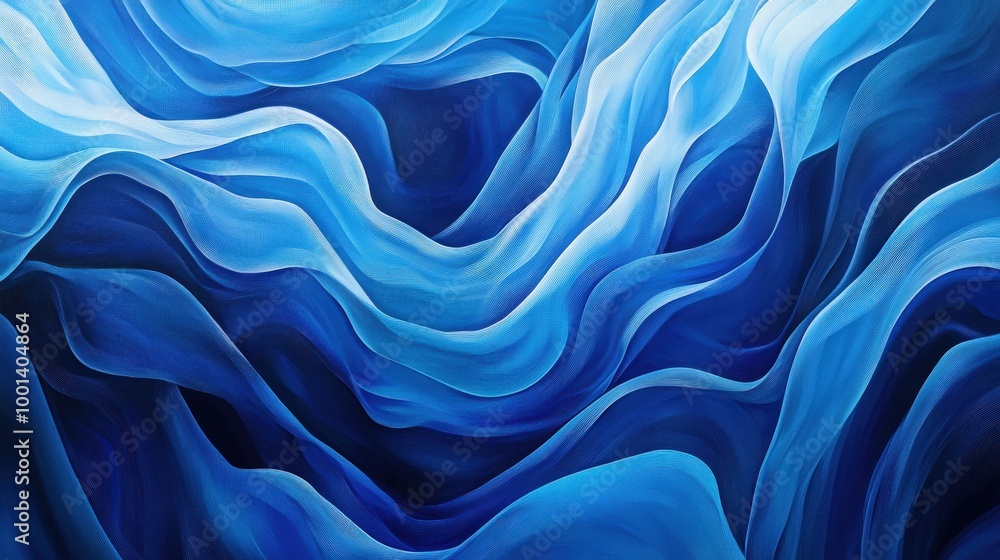 Poster dynamic abstract blue wave art showcasing fluid, undulating lines. the varying shades of blue create