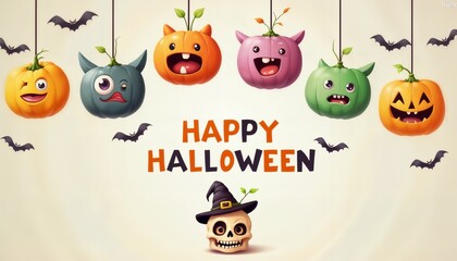 Obraz premium illustration of Halloween decorations with pumpkins and monster faces on a light yellow color background