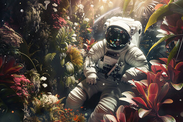 Astronauts marveling at a botanical wonder in a cosmic garden