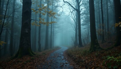 Obraz premium forest in autumn season, beautiful nature in morning, rainy weather, cloudy