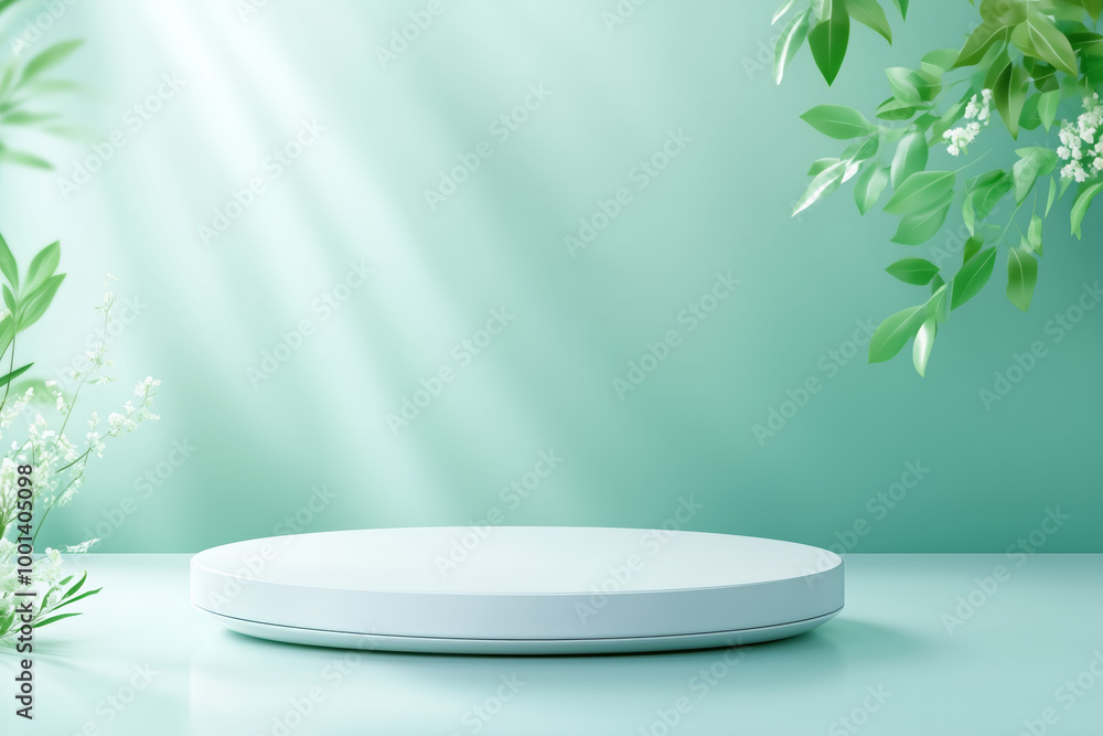 Poster minimalist circular display platform surrounded by green foliage in a softly lit setting