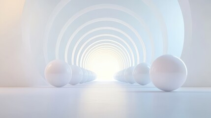 A white room with a long hallway and a bunch of white spheres