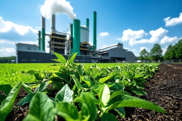 Biomass energy plant, where organic waste is processed into clean energy, providing power to nearby homes and businesses