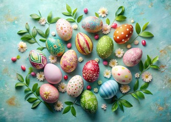 Obraz premium Colorful, intricately decorated Easter eggs in various shapes and sizes, surrounded by subtle flowers and leaves, on a soft, pastel blue background with subtle texture.