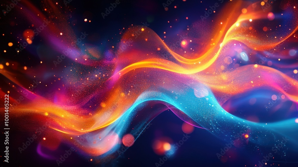 Poster dynamic abstract shapes illuminated by vivid light technology patterns, perfect for tech and digital