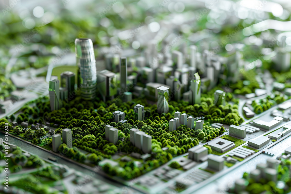 Poster automated urban planning interface ai simulating green spaces and infrastructure futuristic city mod