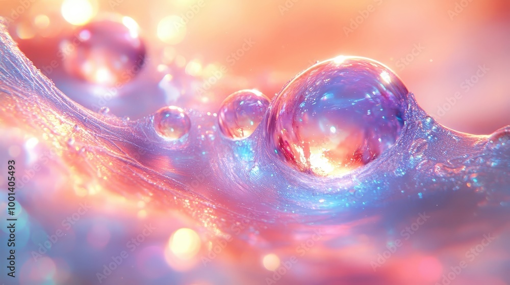 Poster A symphony of light and water, iridescent bubbles dance on a surface of shimmering liquid, creating a mesmerizing display of color and texture.