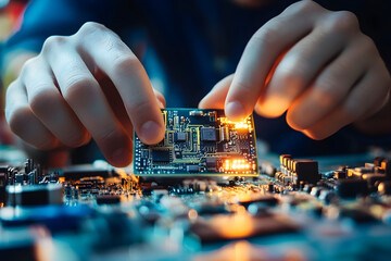 person is carefully assembling circuit board, showcasing intricate electronic components and glowing lights. focus on precision highlights importance of engineering in technology development